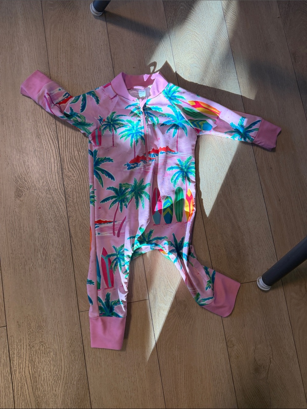 Pink Palm-Print Kids Rashguard Sunsuit with Surfboard Motif